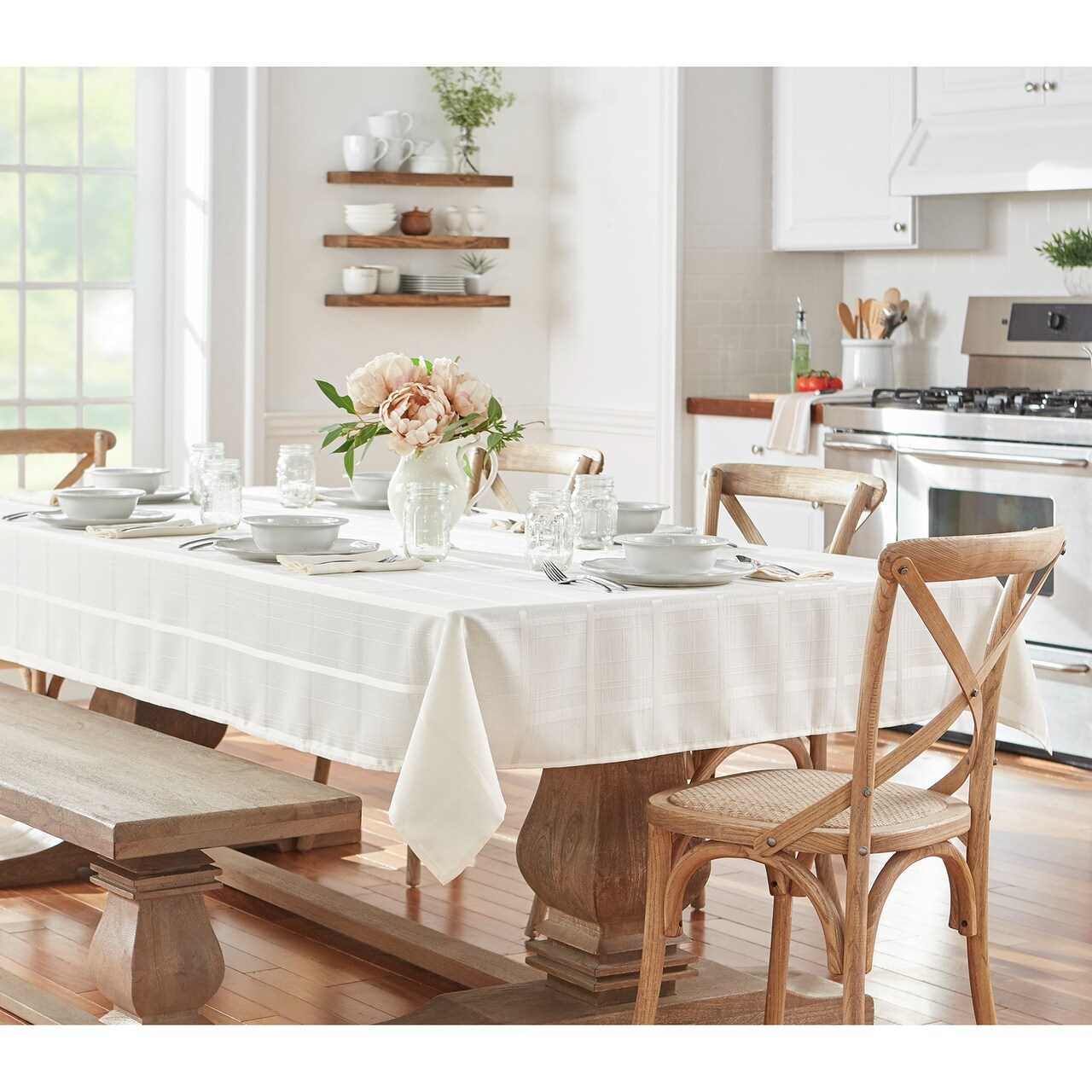 Threadmade Home Elegance Plaid Jacquard Tablecloth, Ecru - 60"W x 120"L